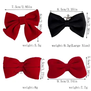 Velvet bow hair clips size chart showing red and black styles with detailed measurements