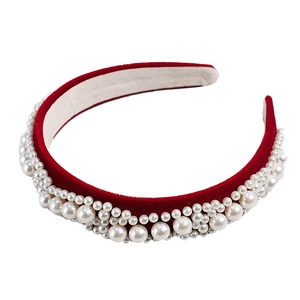 Baroque style red velvet headband with elegant pearls and luxury rhinestones decoration