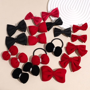 Elegant Velvet Bow Hair Clips For Women Rhinestone Crown Artificial Pearl Decor Satin Hair Ties Accessories Red Black Hairpin