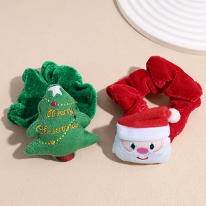 Christmas hair scrunchies set with plush Santa and green tree on velvet elastic bands
