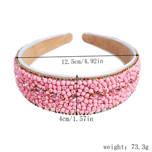 Detail view of pink beaded headband showing dimensions 12.5cm width and 73.3g weight