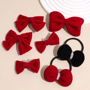Velvet bow hair clip set in red and black with elegant pearls and crystal accents