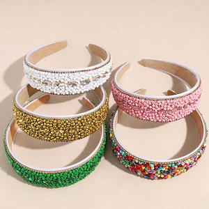 Women Handmade Beaded Rhinestone Wide Headband Bohemian Style Vintage Crystal Hair Band Fashion Hair Accessory For Daily Party