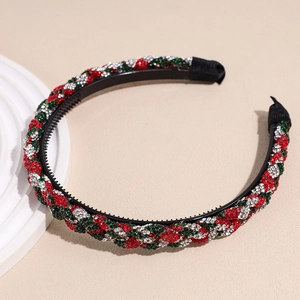 Detail of red, green and white rhinestone woven Christmas headband with non-slip teeth
