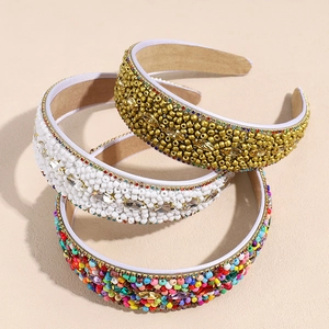 Padded wide headband with rhinestones and beads in three elegant color combinations