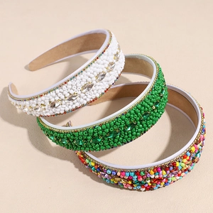 Bohemian style beaded headbands with colorful rhinestones and white fabric wrap