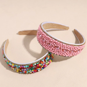 Handmade beaded wide headband with colorful rhinestones and padded high-top design