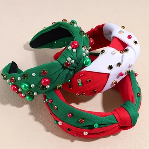 Women's Christmas Knotted Wide Headband Rhinestone Artificial Pearl Padded Head Band Festive Red Green Hair Accessories Santa Party Hairband