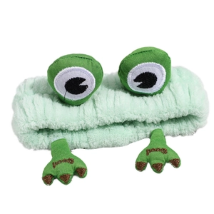 Fascia per capelli rana in peluche verde con occhi 3D e ricamo per lavare il viso