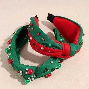 Christmas knotted headbands with festive rhinestones and pearls in red and green colors