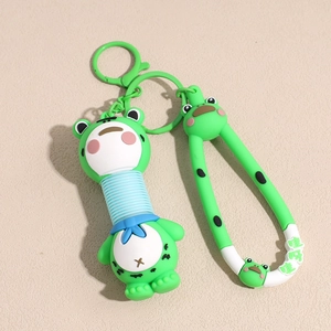Detail of green cartoon frog retractable stress relief keychain with silicone wrist strap