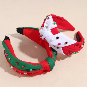 Christmas wide knotted headband with colorful rhinestones and pearls in red and green colors