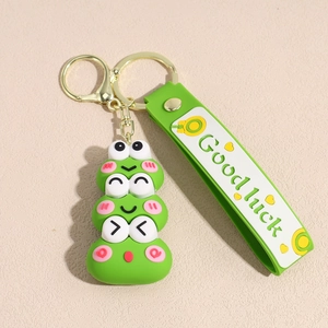 Cute green caterpillar silicone keychain with Good Luck strap and golden metal ring