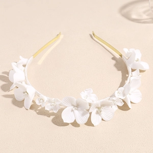 Bridal Flower Headband Elegant White Ceramic-Look Floral Headpiece Alloy Metal Hair Hoop Wedding Accessories For Women