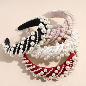 Baroque Vintage Artificial Pearl Sponge Headband For Women Elegant High Top Padded Fabric Hair Hoop Wedding Party Fashion Hair Accessories
