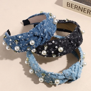 Vintage Denim Tweed Knotted Headband With Faux Artificial Pearl Rhinestone Distressed High Top Fashion Hair Band Accessory For Women