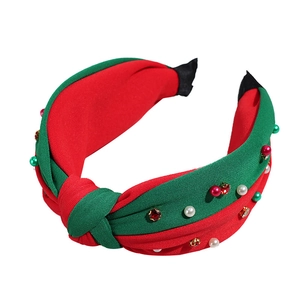 Christmas wide knotted headband with red and green rhinestones and white pearls decoration