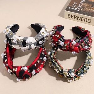 Christmas Plaid Knotted Headband For Women With Faux Artificial Pearl Rhinestone Padded Wide Hairband Vintage Hair Accessories