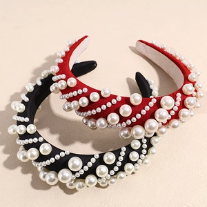 Vintage Baroque sponge headbands with elegant white pearls in classic black and red colors