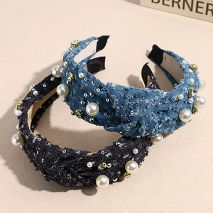 Blue denim and tweed headbands with faux pearls and rhinestones for high crown styling