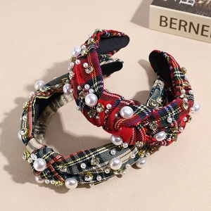 Plaid Christmas headband with faux pearls and rhinestones on checkered fabric base