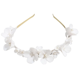 Handmade white ceramic flower bridal headband with gold base for wedding hair styling