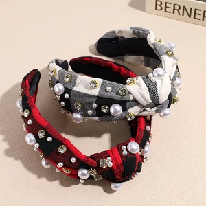 Christmas plaid wide knot headbands with elegant pearls and sparkling rhinestones