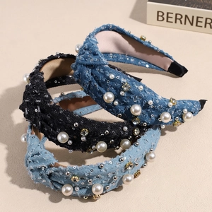 Denim padded headbands with pearls and rhinestones in black and shades of blue