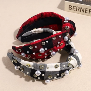 Sparkling rhinestone and pearl padded headbands with classic plaid patterns for Christmas