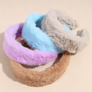 Set of four thick plush headbands in purple, blue, beige, and coffee for women