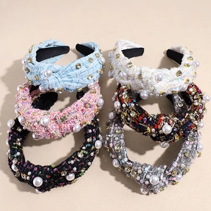 Elegant Tweed Knotted Headband For Women With Faux Artificial Pearls And Rhinestones Vintage Wide Hair Band Luxury Hair Accessory