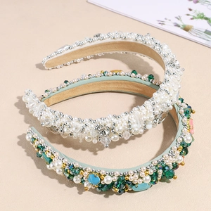 Cerchietti larghi stile barocco con perle bianche e cristalli colorati per donna