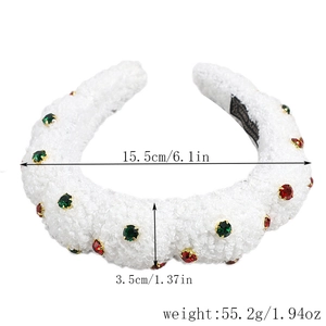 Detail of white plush headband with festive red and green rhinestones and 3.5cm width