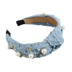 Blue denim knotted headband with pearls and rhinestones for high crown fashion style