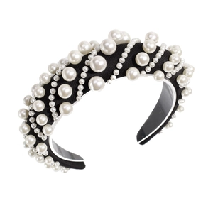 Vintage Baroque sponge headband with elegant white faux pearls on black fabric