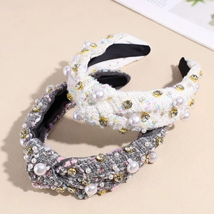 Tweed knot headbands with faux pearls and rhinestones in cream and dusty pink