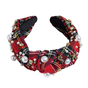Plaid Christmas headband with faux pearls and rhinestones on wide velvet knot frame