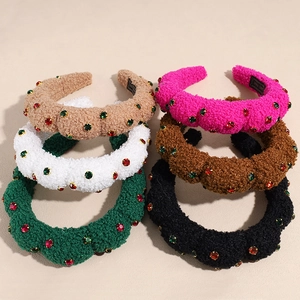 Vintage Autumn Winter Plush Padded Headband With Red Green Rhinestones Lamb Wool Hairband For Women Christmas Accessory