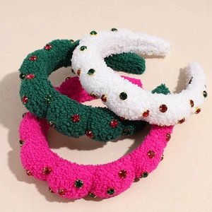 Three-piece padded sherpa headband set with festive rhinestones in white, green, and pink