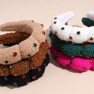 Thick plush headband with rhinestones in various colors like camel, brown and green