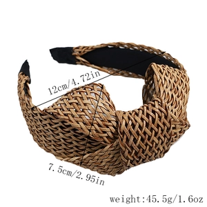 Detail view showing dimensions of bohemian raffia knotted headband with weave texture