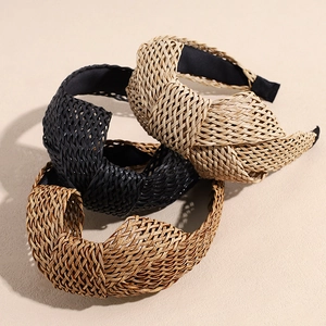 Bohemian Woven Knotted Headband Vintage Raffia Style Wide Straw Weave Headband For Women Vacation Beach Hair Accessories