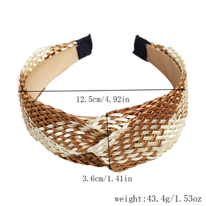 Detail view of woven straw headband showing 12.5cm diameter and 3.6cm width dimensions