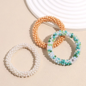 Three-piece elegant pearl and crystal beaded hair ties set in champagne and white
