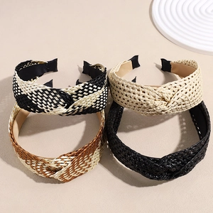 Bohemian woven cross headband set in black, beige, and checkered patterns for women