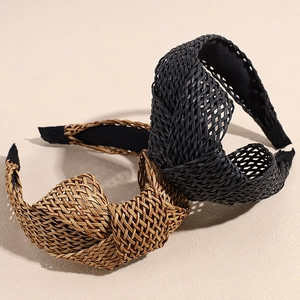 Bohemian style raffia woven headband with wide knot design in black and beige