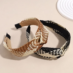 Bohemian braided straw headband with stylish knot design in mixed dual-tone metallic colors