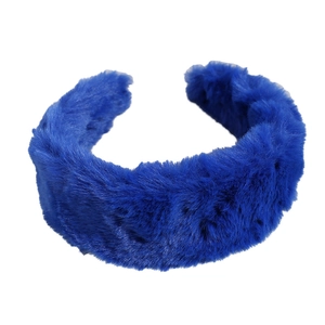Thick plush Klein blue headband for women with a fuzzy faux fur high-crown design