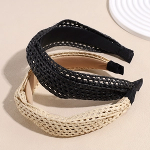 Bohemian style cross braided straw headbands in black and beige with a wide-brimmed design