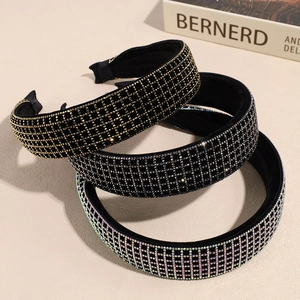 French Vintage Checkered Rhinestone Padded Headband For Women Luxurious Sponge Hair Band Sparkling Hair Accessories Party